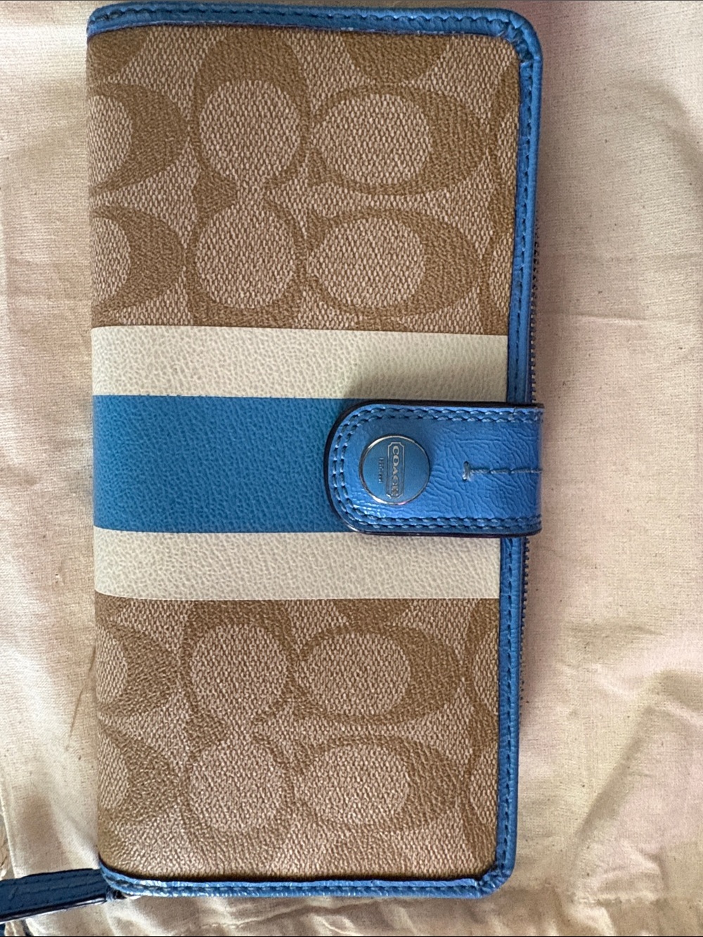 Coach Tan Monogram Wallet with Blue and White Stripe